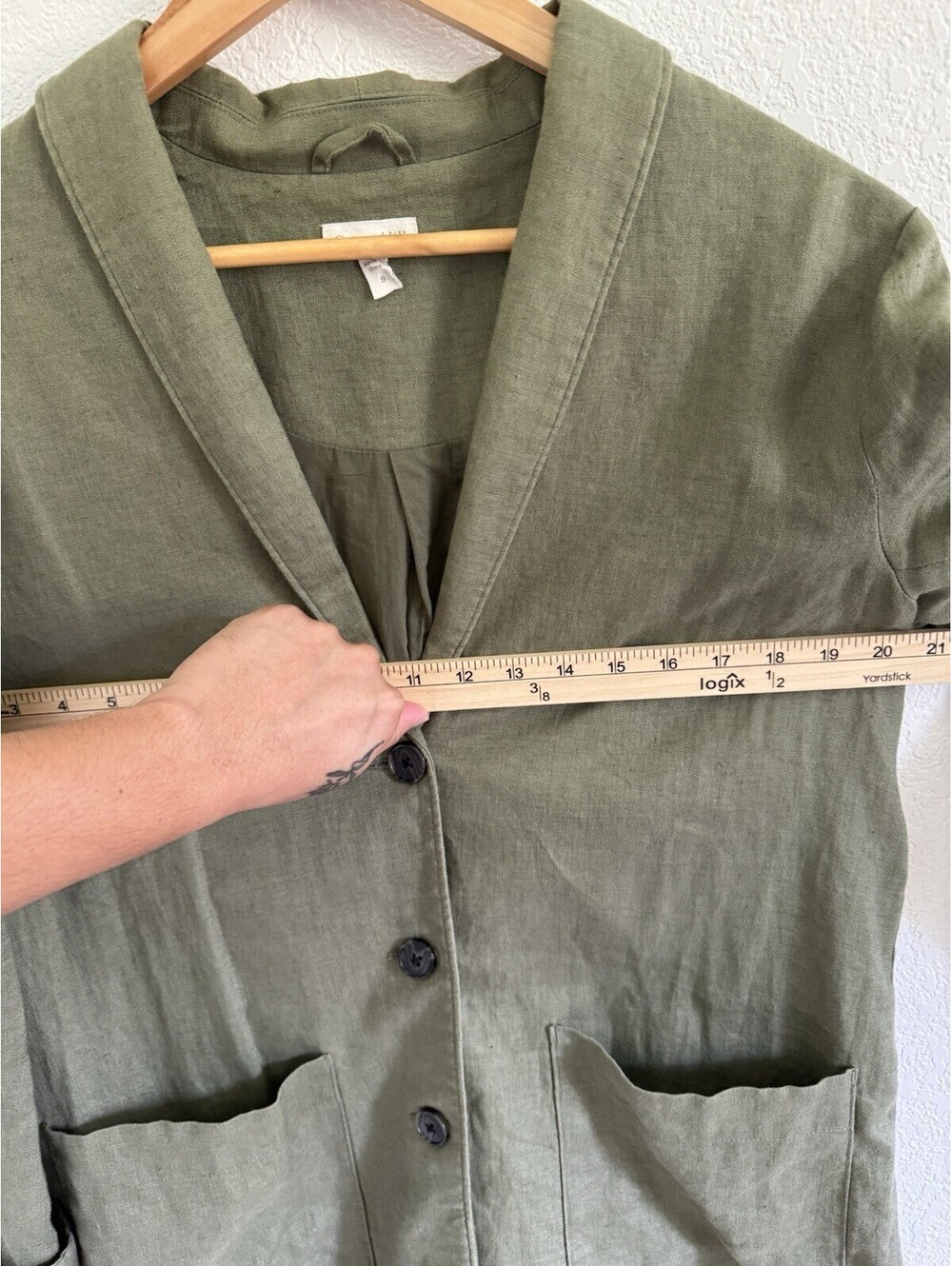 Garnet Hill Women’s Sz Small Relaxed 100% Linen Buttoned Trench Coat Olive Green - Picture 6 of 7